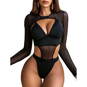 Women Black Rave Outfits Festival Sexy Lingerie Bodysuit Buckle Shrug Top Set